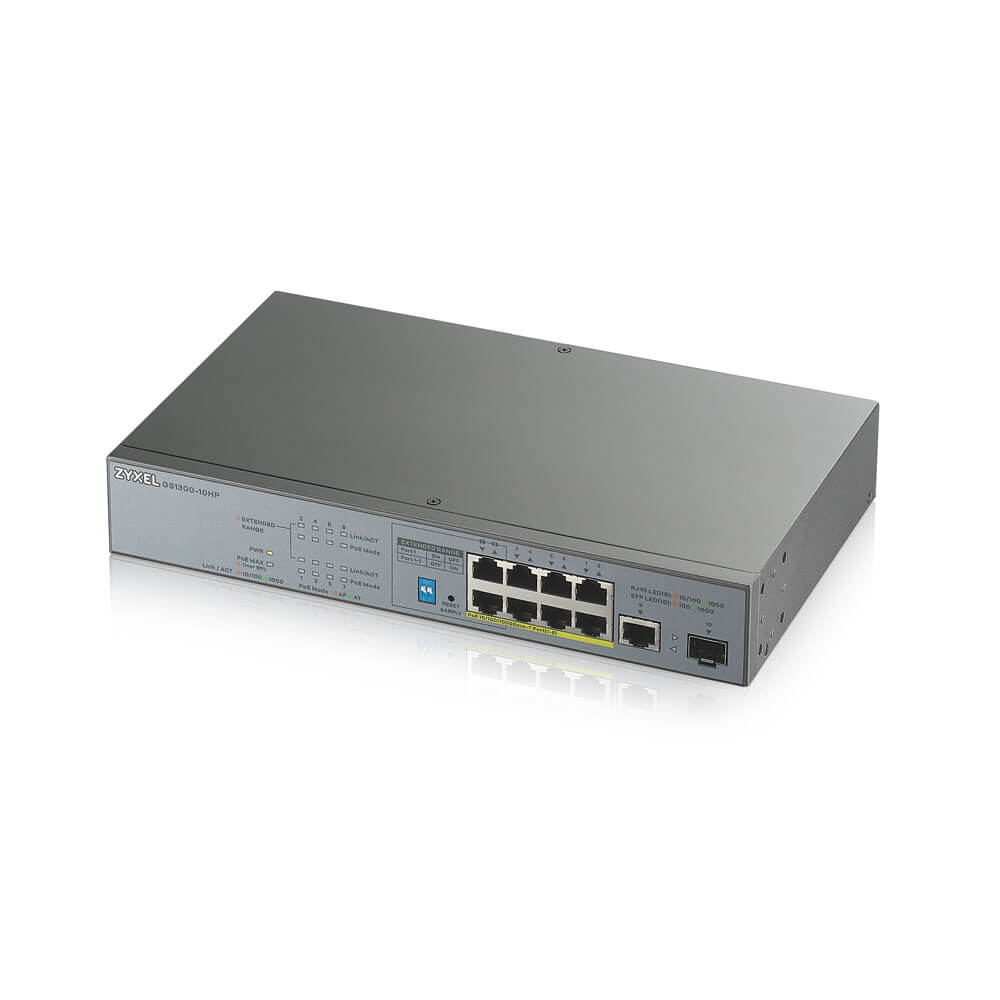 Коммутатор PoE+ для IP-видеокамер Zyxel GS1300-10HP, rack 19", 9xGE (8xPoE+), 1xSFP, бюджет PoE 130 Вт, дальность передачи питания до 250 м, повышенная защита от перенапряжений и электростатических разрядов