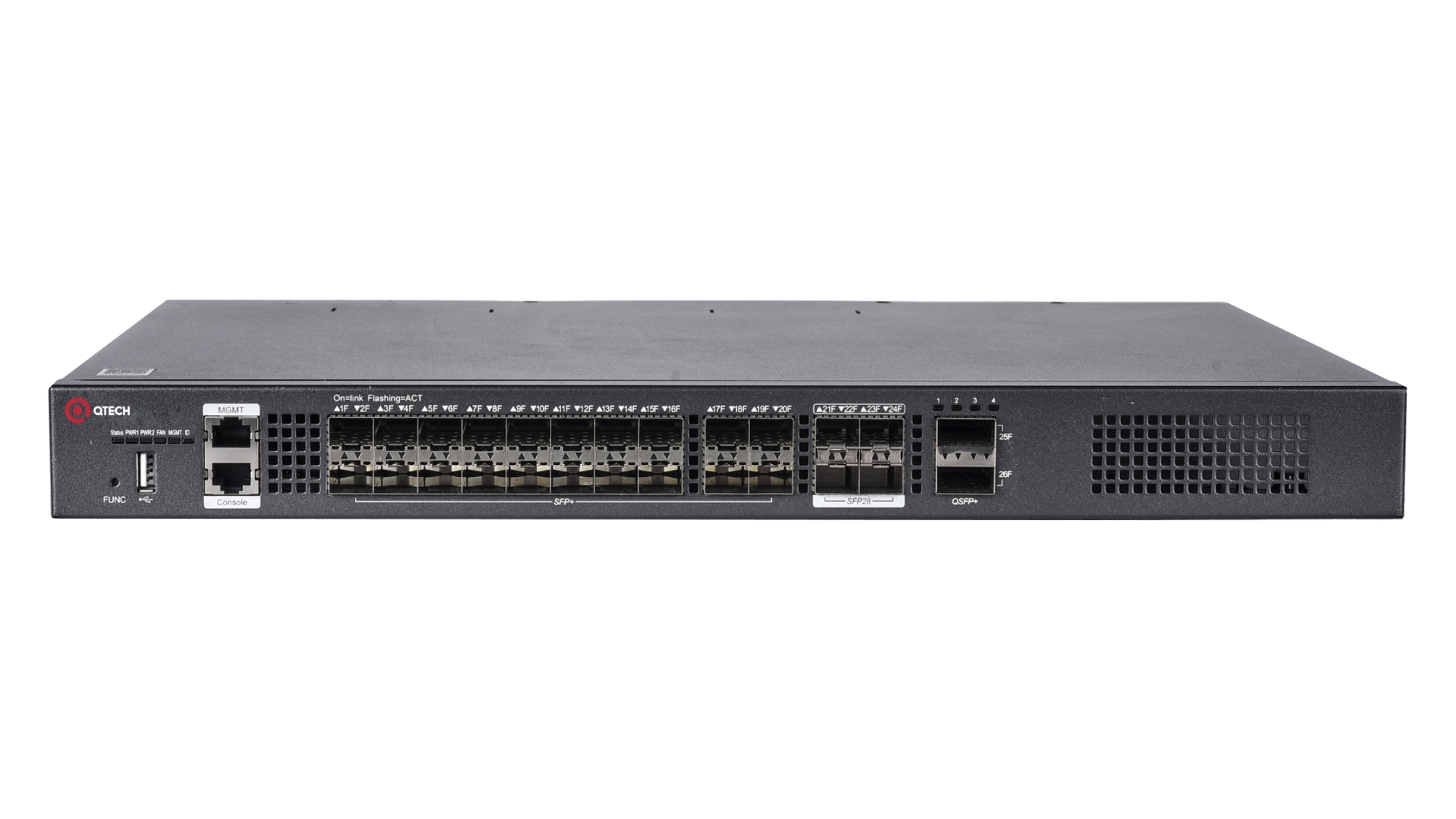 Управляемый стекируемый коммутатор уровня L3, 20 портов 1G/10G SFP+, 4 порта 10G/25G SFP28, 2 порта 40G QSFP+, поддержка до 32 портов 10G, 4K VLAN, 32KMAC адресов, 1 порт USB 2.0, 1 консольный порт, 1 порт MGMT, 2 сменных БП (поставляются отдельно), разме