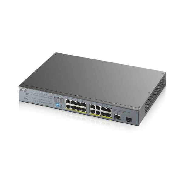 Коммутатор PoE+ для IP-видеокамер Zyxel GS1300-18HP, rack 19", 17xGE (16xPoE+), 1xSFP, бюджет PoE 170 Вт, дальность передачи питания до 250 м, повышенная защита от перенапряжений и электростатических разрядов